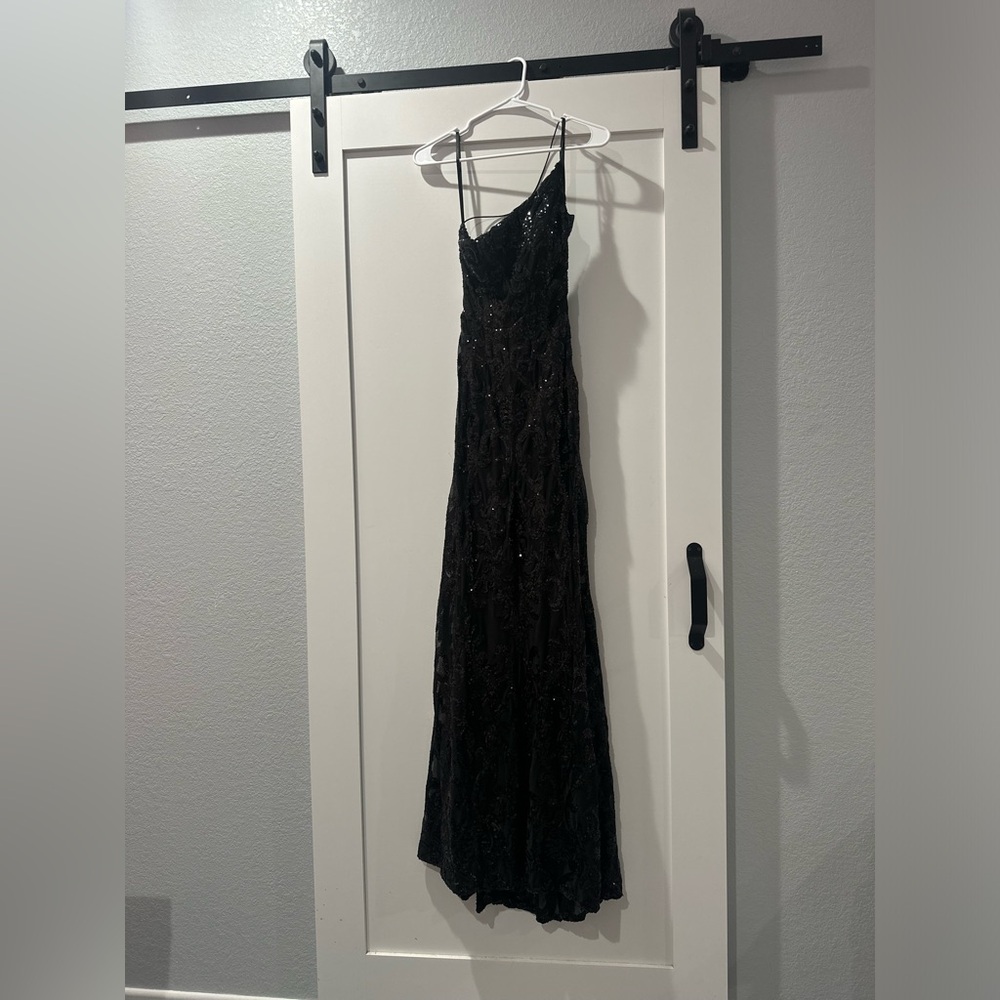 B Darlin black One Shoulder Pattern Sequin Strappy back dress